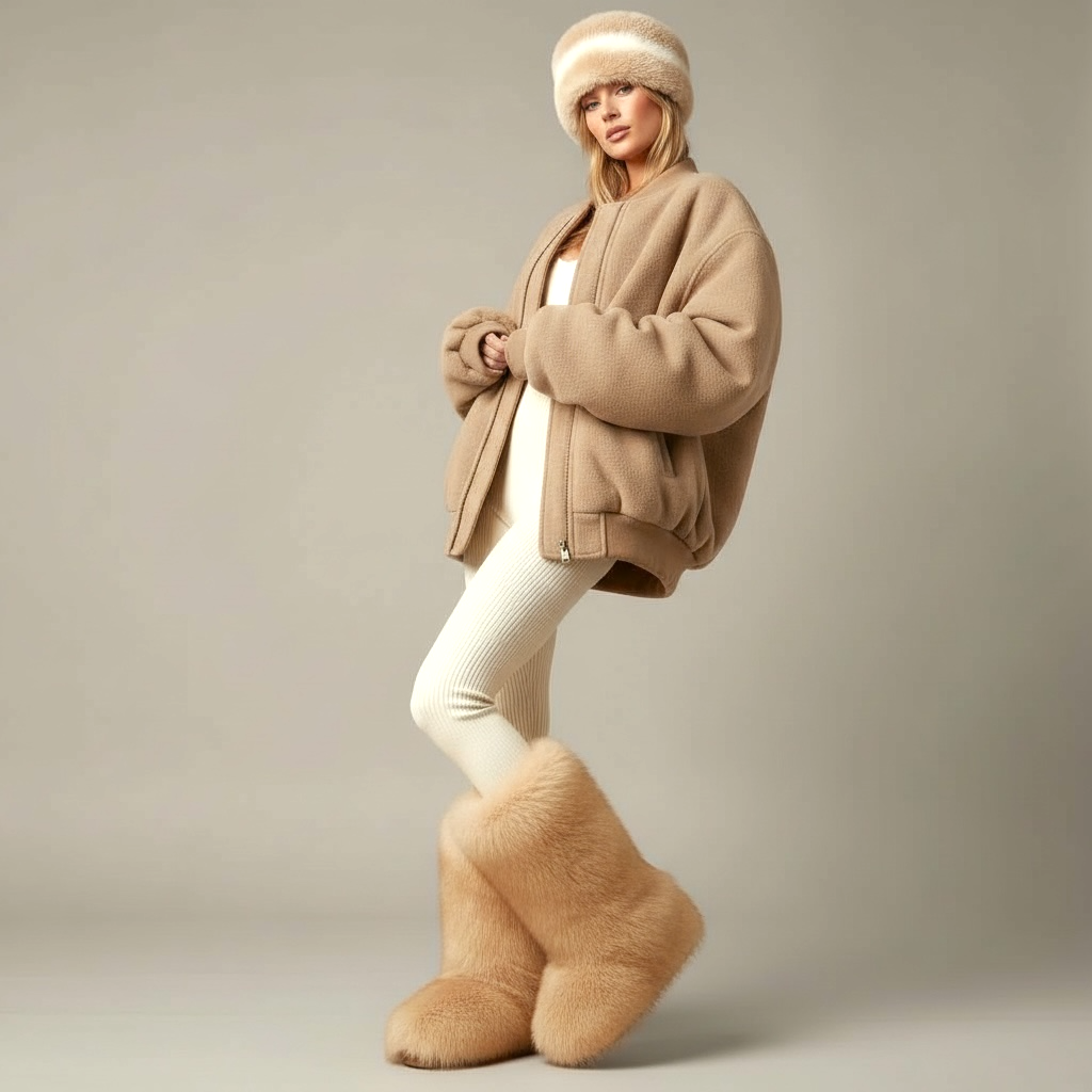 Bandeau hiver en éco-fourrure beige / Ajustement universel