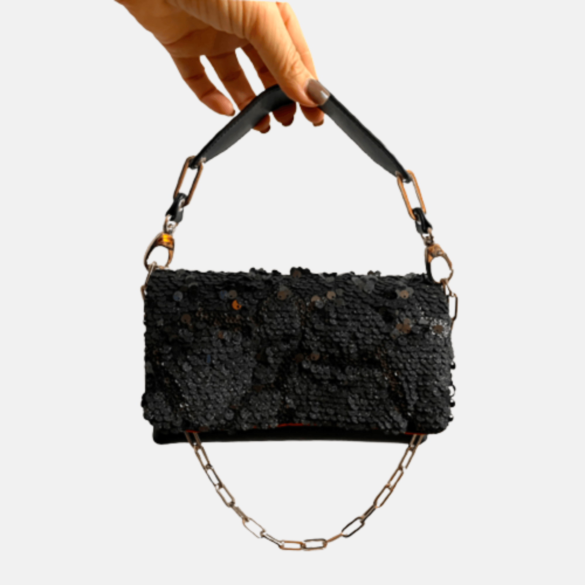 GEMMA BLACK LEATHER BAG - SILVER FINISH