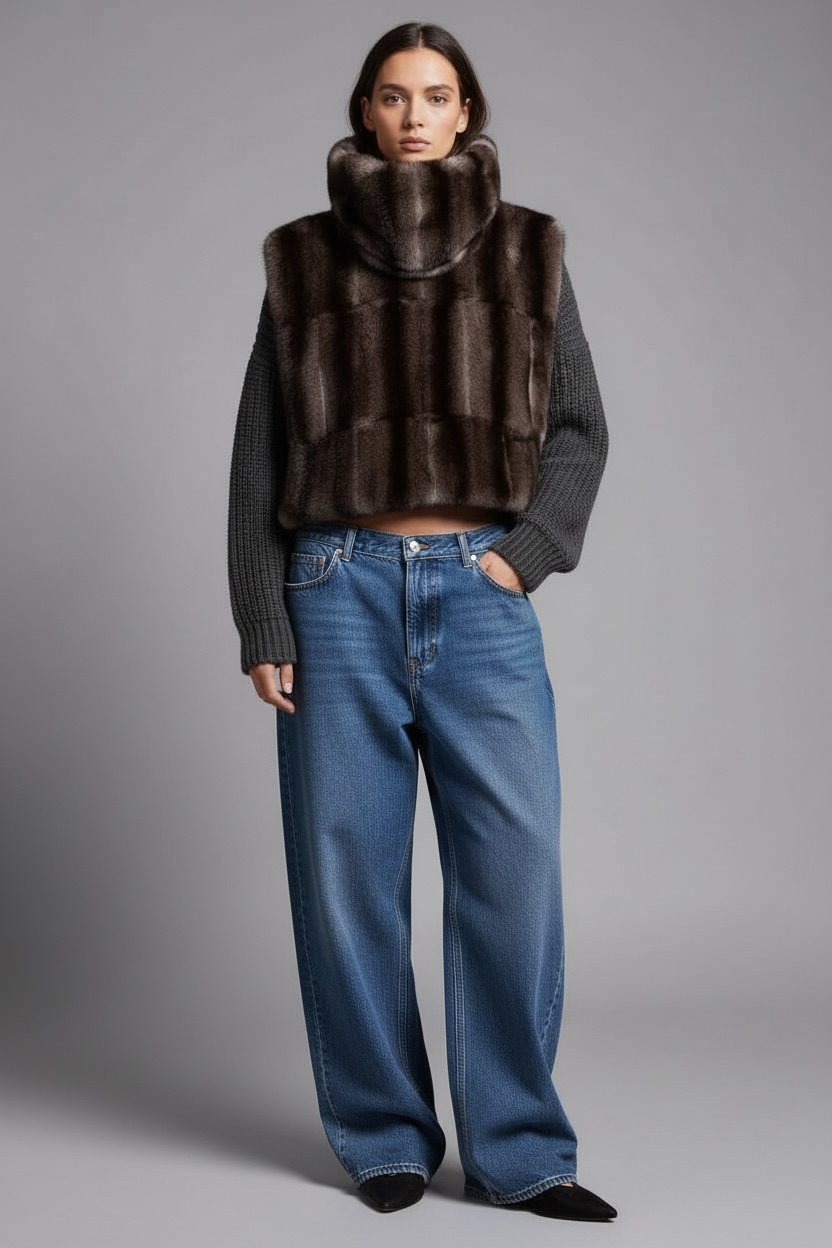 PLASTRON ECO-FOURRURE VISON GRIS/NOIR COURT 🇫🇷