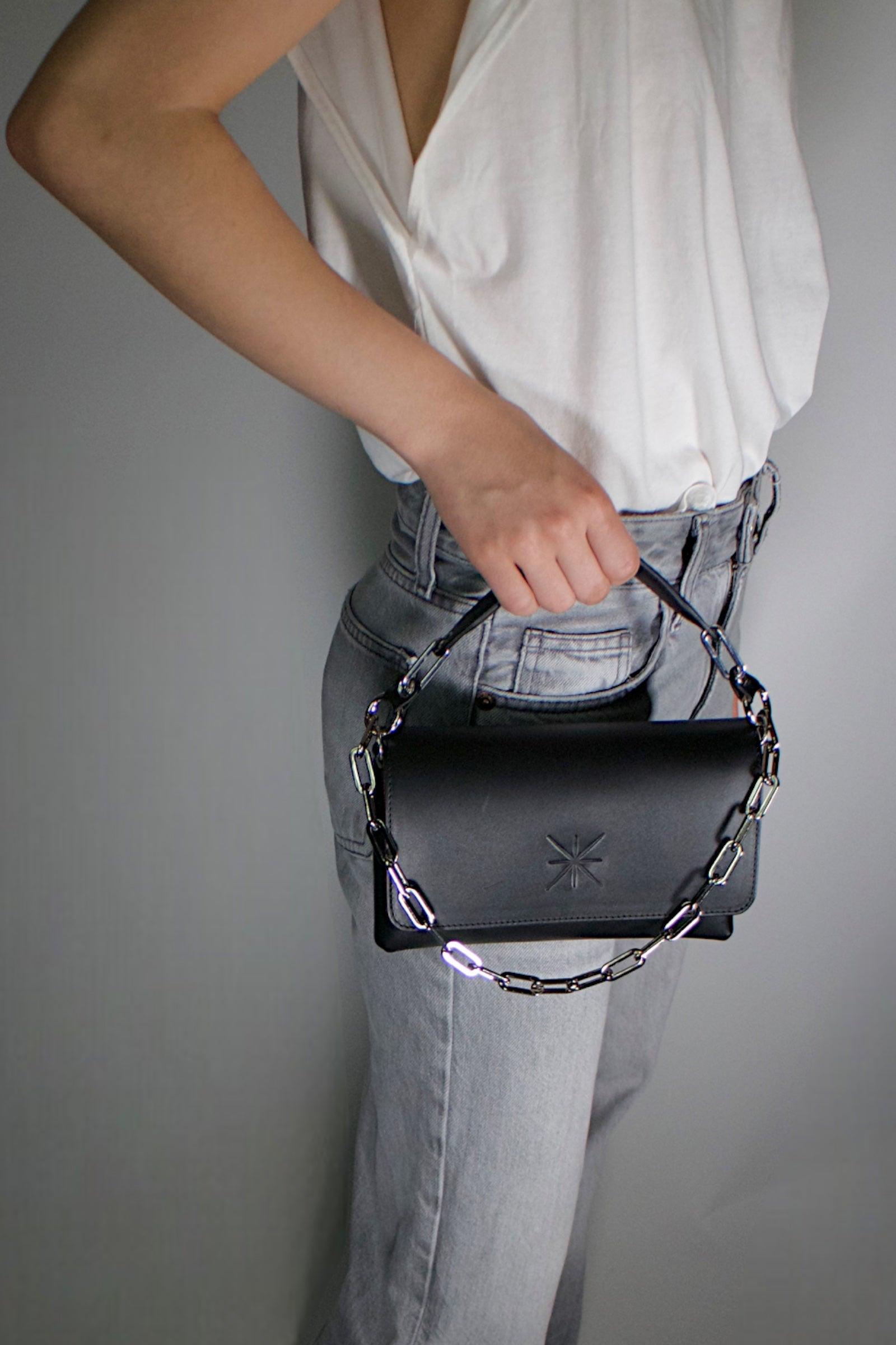 GEMMA BLACK LEATHER BAG - SILVER FINISH