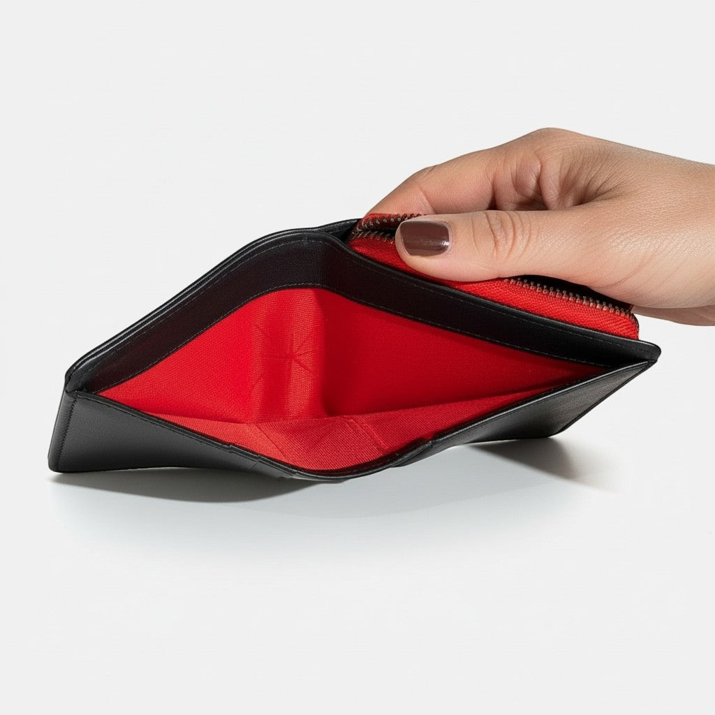 Portefeuille zippé La Stella en cuir noir avec doublure rouge vive et logo étoile subtil. Fermeture éclair sur 3 côtés.