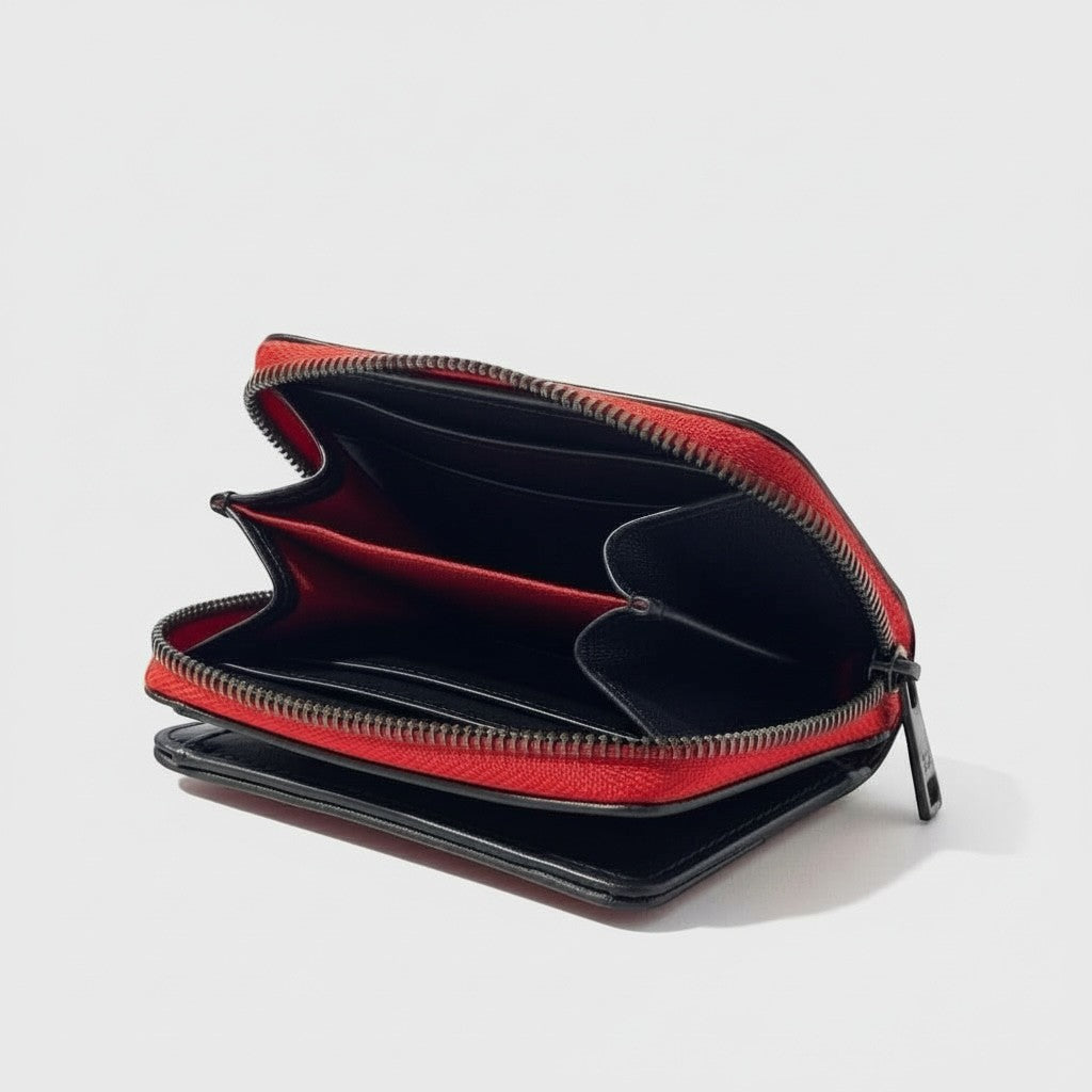 Portefeuille zippé La Stella en cuir noir et rouge avec logo étoile, plusieurs compartiments et fentes pour cartes.