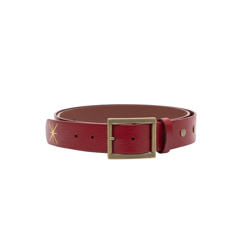 La Stella red leather belt with antique gold buckle and star detail, perfect for jeans or dresses.