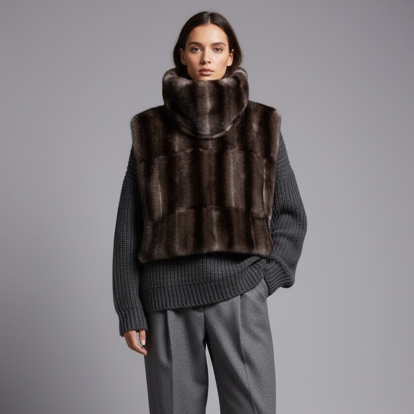 PLASTRON ECO-FOURRURE VISON GRIS/NOIR COURT 🇫🇷