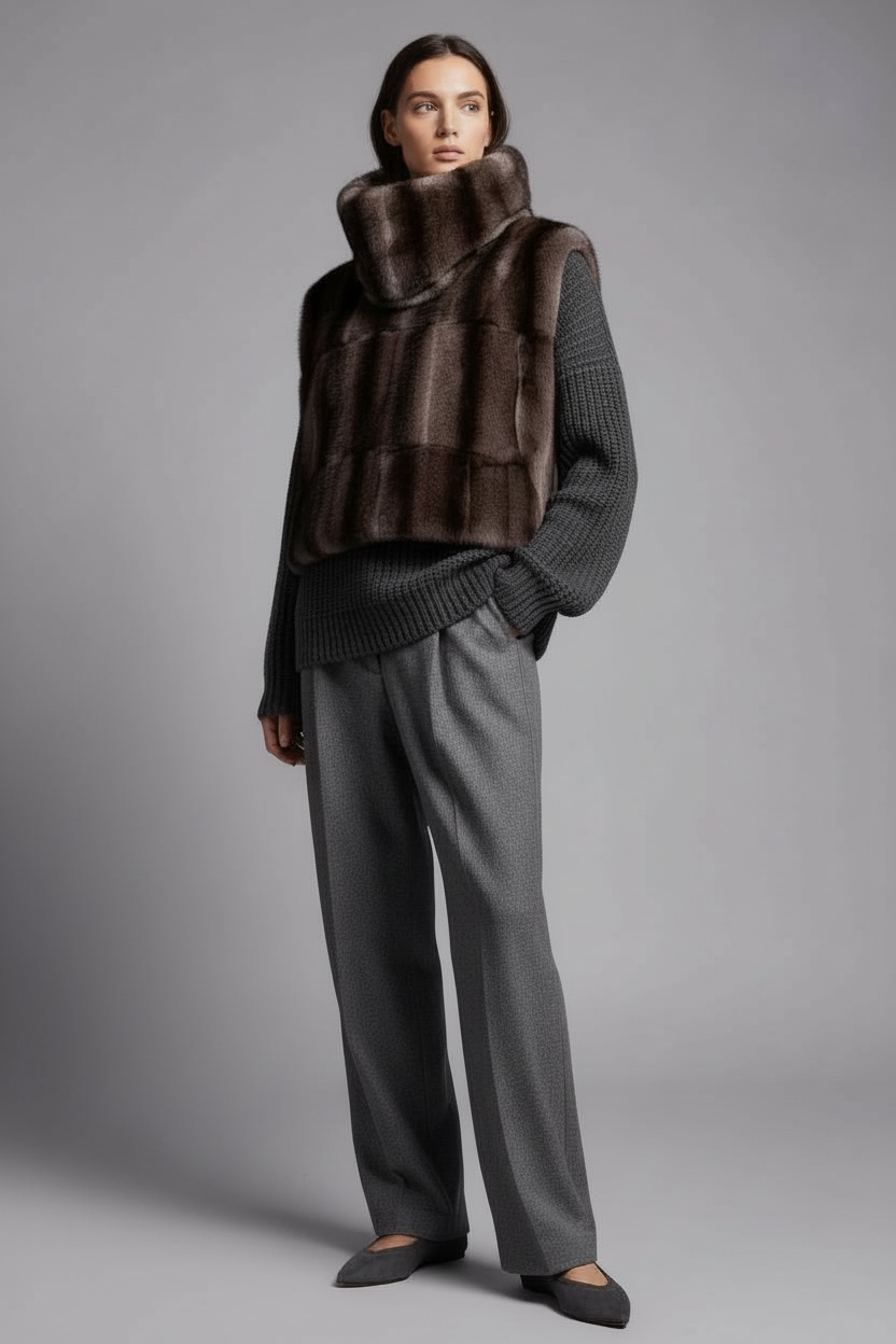 PLASTRON ECO-FOURRURE VISON GRIS/NOIR COURT 🇫🇷