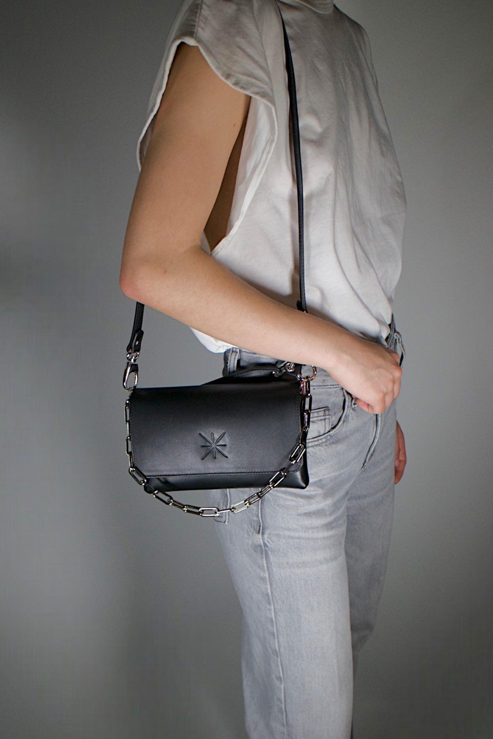 GEMMA BLACK LEATHER BAG - SILVER FINISH
