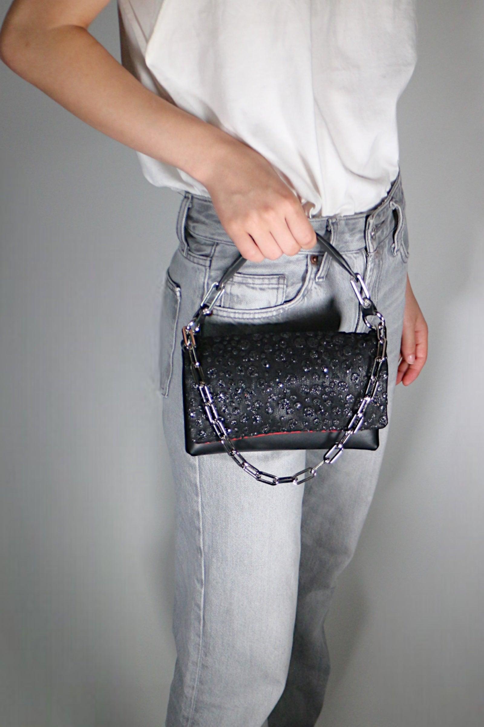 GEMMA BLACK LEATHER BAG - SILVER FINISH