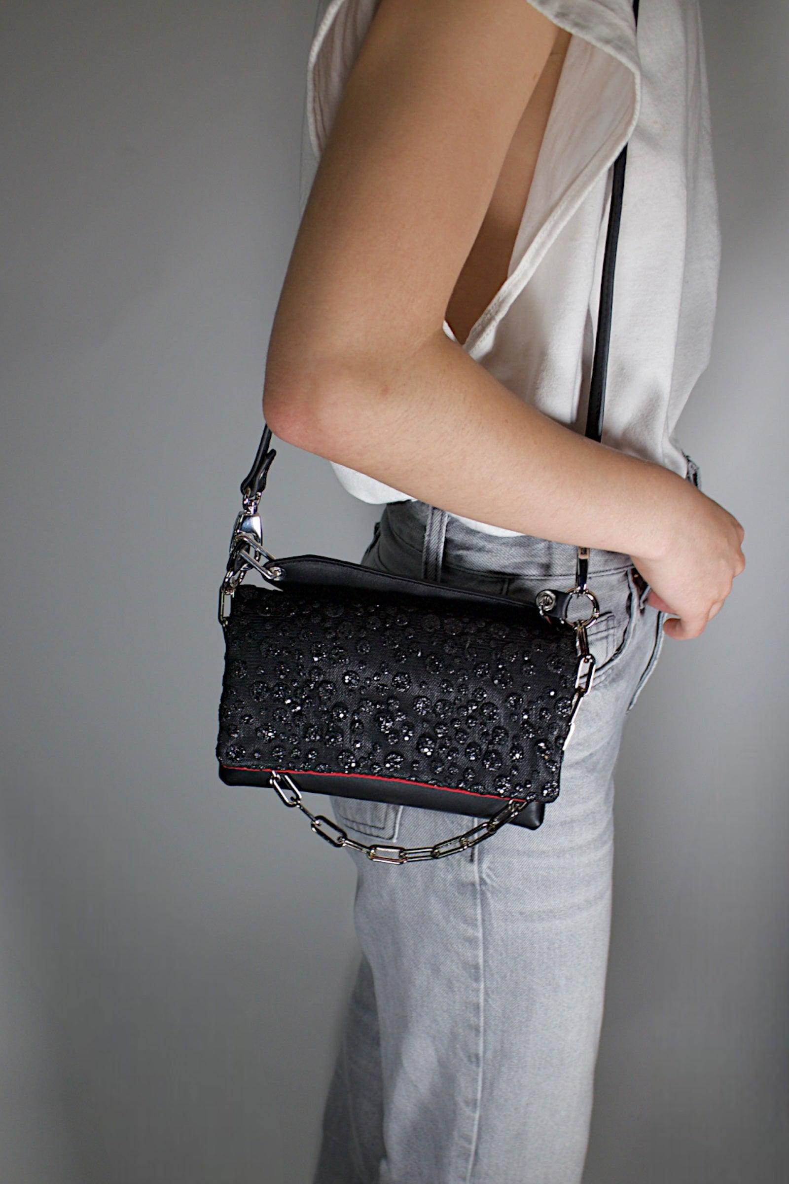GEMMA BLACK LEATHER BAG - SILVER FINISH