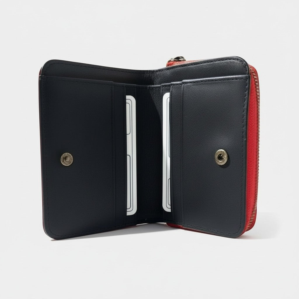 Portefeuille zippé La Stella en cuir rouge et noir avec logo étoile, plusieurs fentes pour cartes.